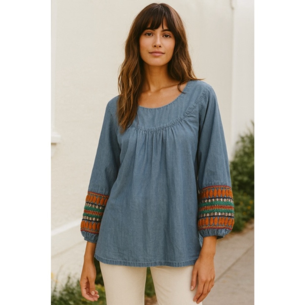 Anthropologie Dolan Chambray Top with Embroidered Sleeves